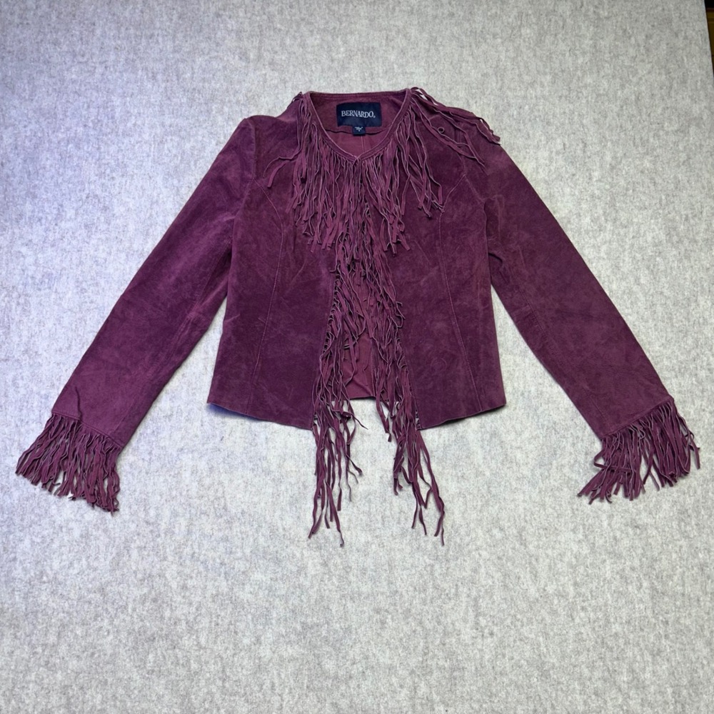 Vintage Bernardo Suede Leather Fringe Jacket Western Boho Plum Purple Small